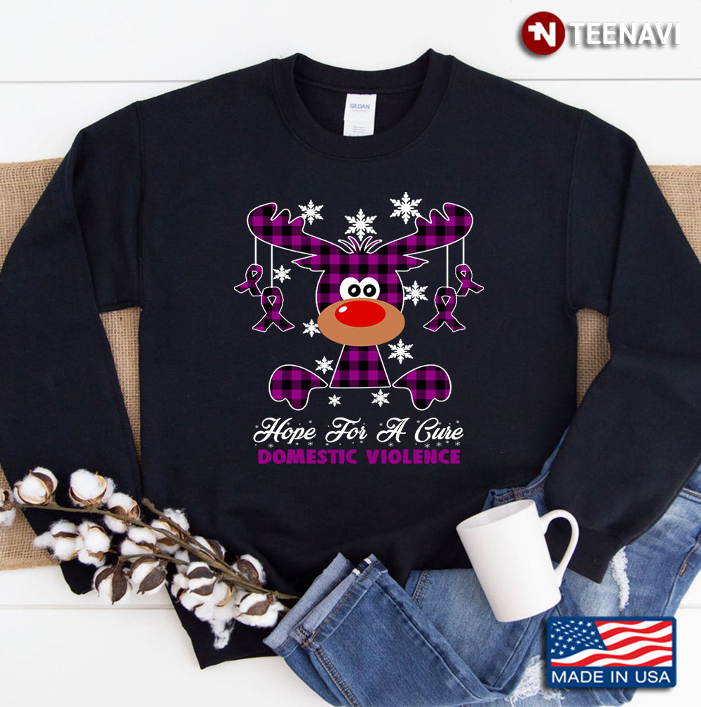 Hope For A Cure Domestic Violence Awareness Reindeer Buffalo Plaid Sweatshirt