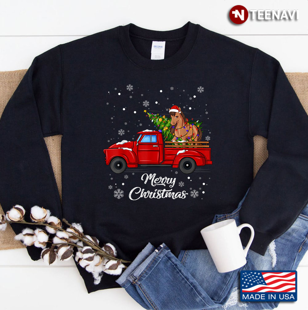Horse Rides Red Truck Christmas Pajama Gift Sweatshirt