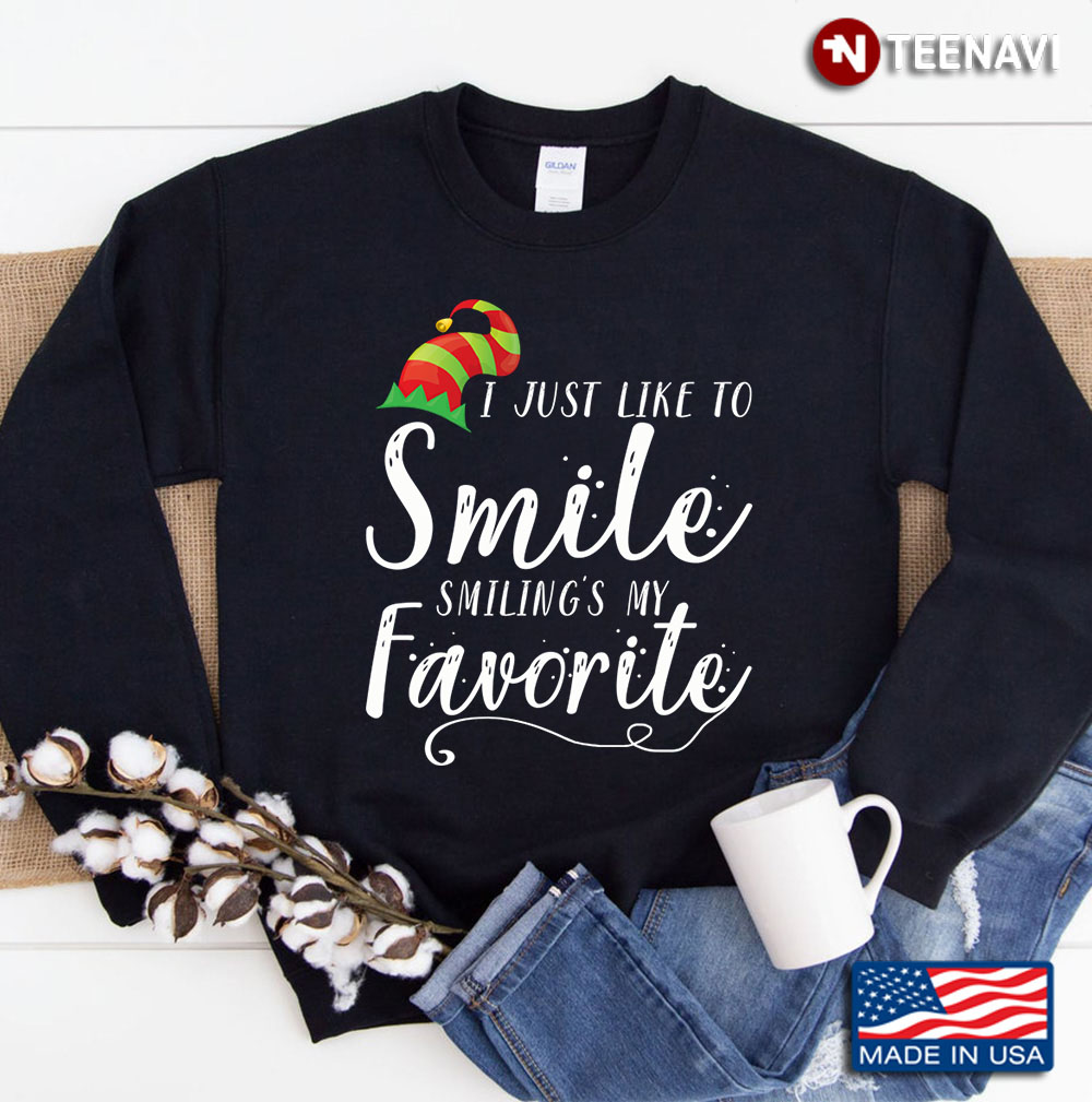 I Like To Smile Smilings My Favorite Christmas Women Cute Elf Hat Graphic Print Splicing T-Shi Sweatshirt
