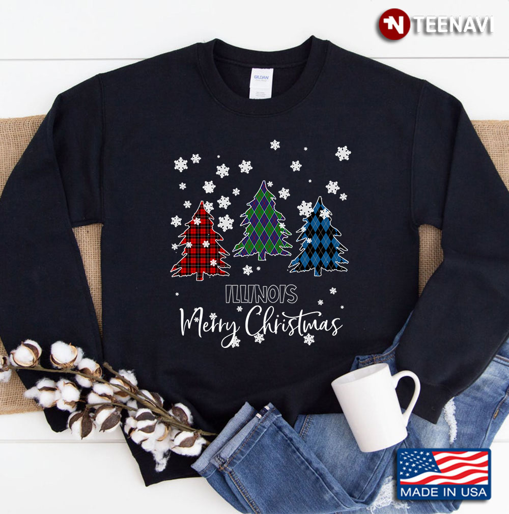 Illinois Merry Christms Buffalo Plaid Xmas Tree Sweatshirt