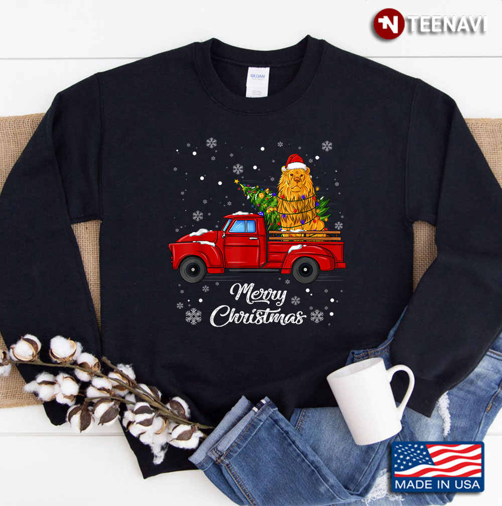 Lion Rides Red Truck Christmas Pajama Gift Sweatshirt