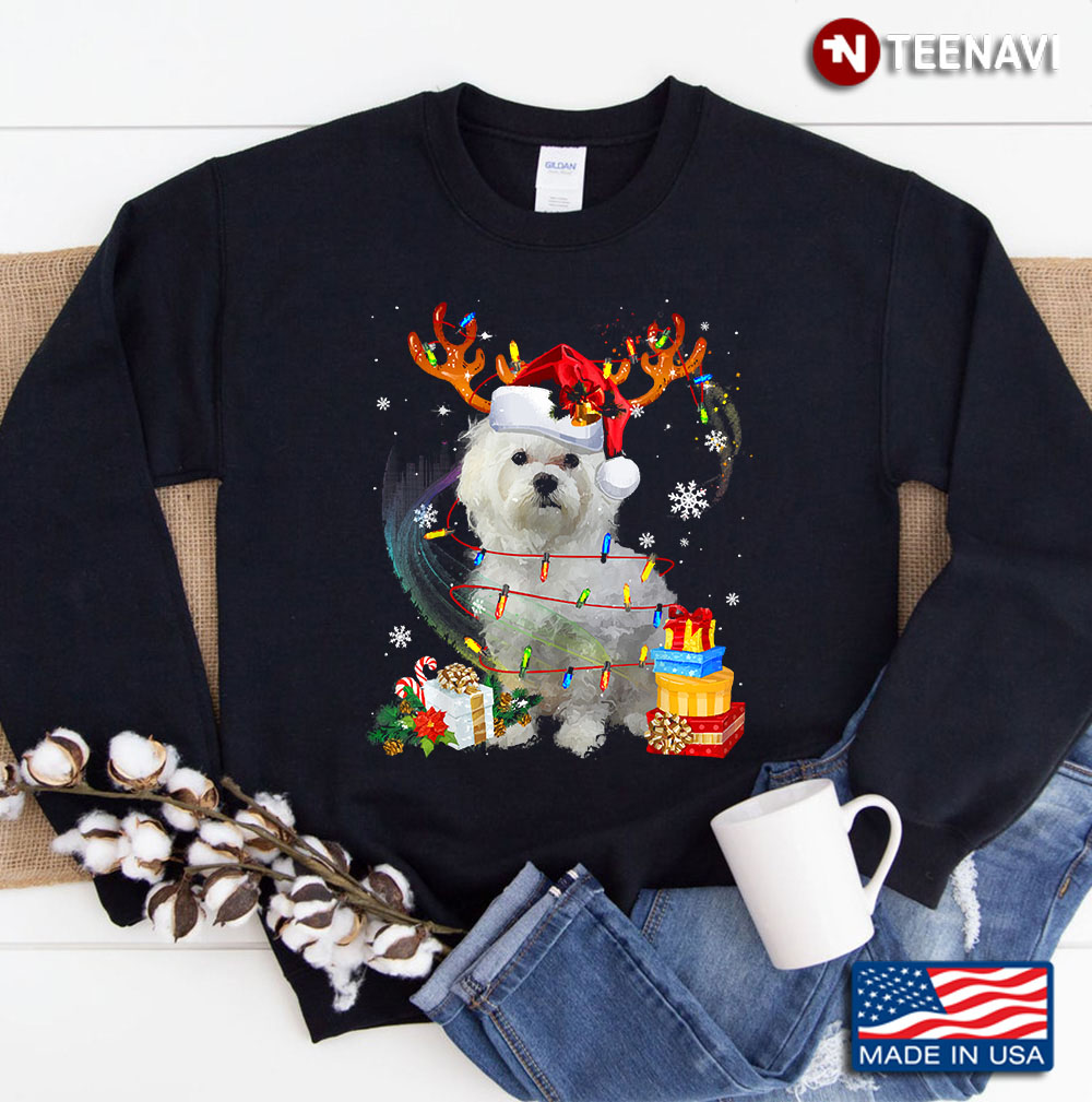 Maltese Reindeer Christmas Lights Sweatshirt