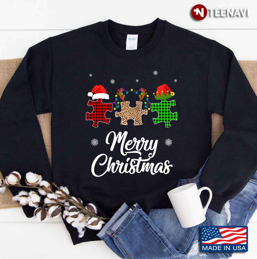 Merry Christmas Autism Leopard Plaid Christmas Sweatshirt