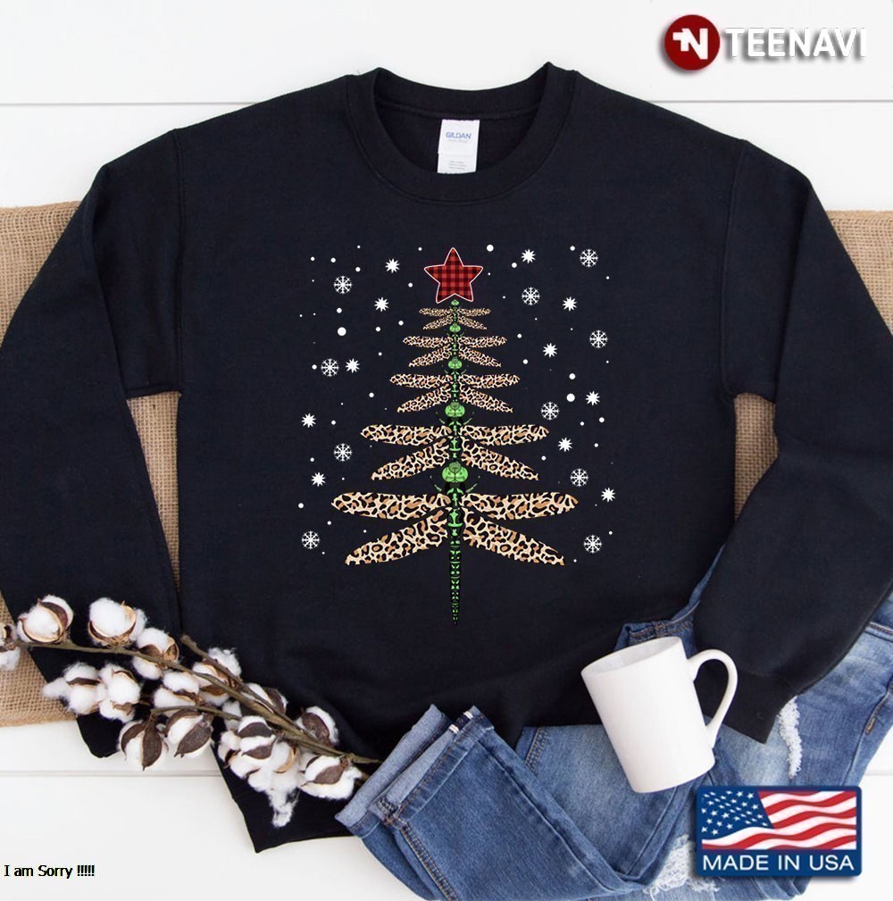Christmas Insect Lover Xmas Dragonfly Christmas Tree Leopard Sweatshirt