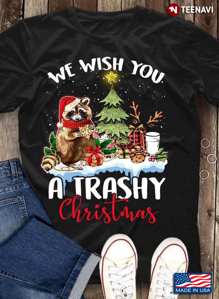 We Wish You A Trashy Christmas Raccoon With Christmas Hat And Scarf Stand Next To Christmas Tree