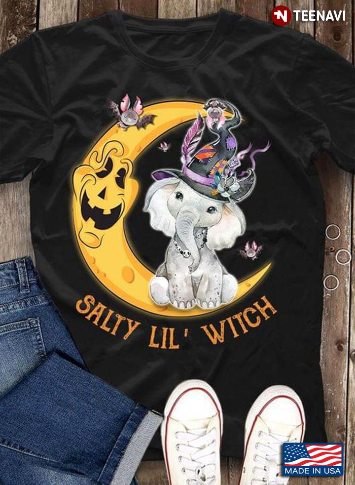 Salty Lil Witch Elephant With Halloween Hat Bats And Moon