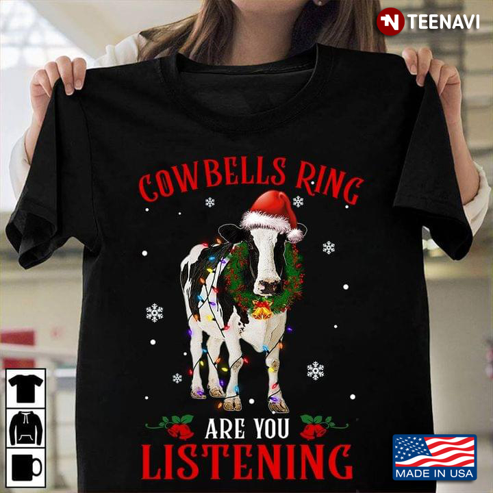 Cow Bells Ring Are You Listening Cow With Christmas Hat Wreath And Fairy Lights