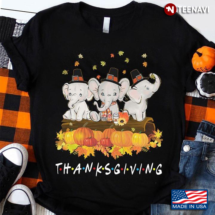 Thanksgiving Three Elephants With Pumpkin And Autumn Leaves