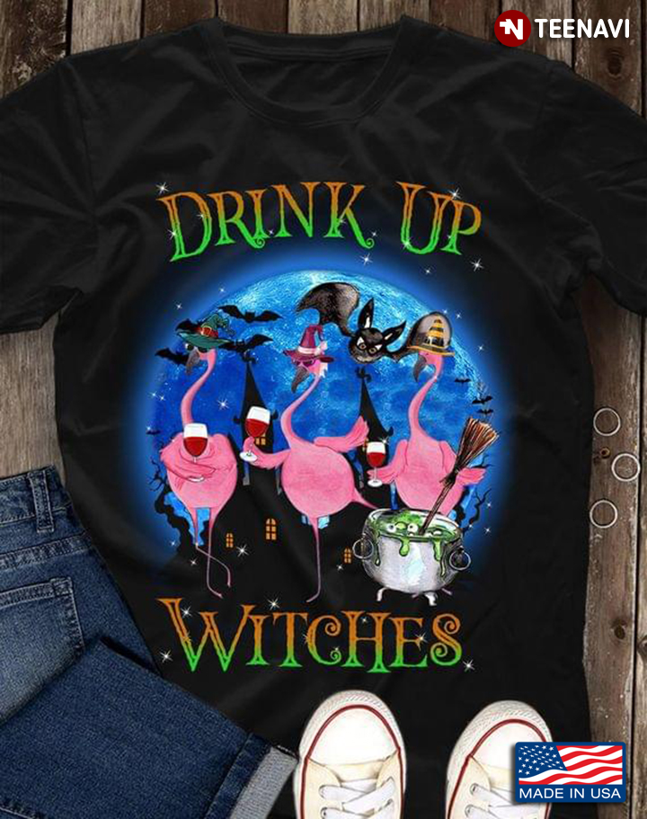 Drink Up Witches Three Flamingos With Halloween Hats Hold Glass Of Wine