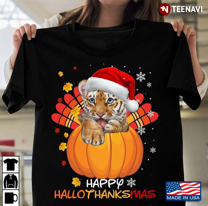 Happy HalloThanksMas Tiger With Christmas Hat Lie On Pumpkin