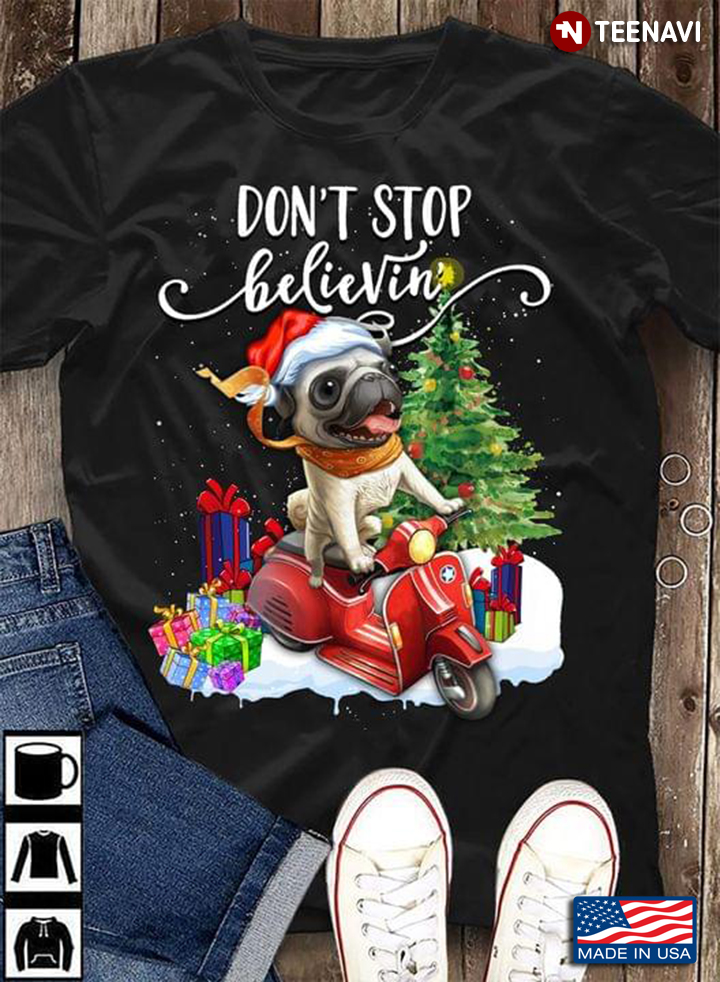 Don't Stop Believin Pug Dog With Christmas Hat Rides Red Motorbike Next To Christmas Tree