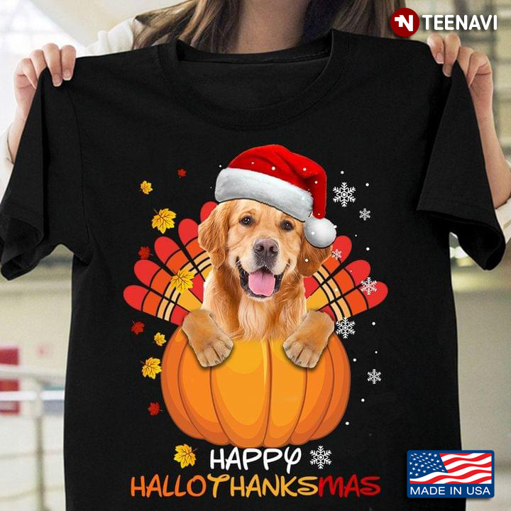 Happy HalloThanksMas Dog With Christmas Hat On Pumpkin With Autumn Leaves And Snowflakes Around