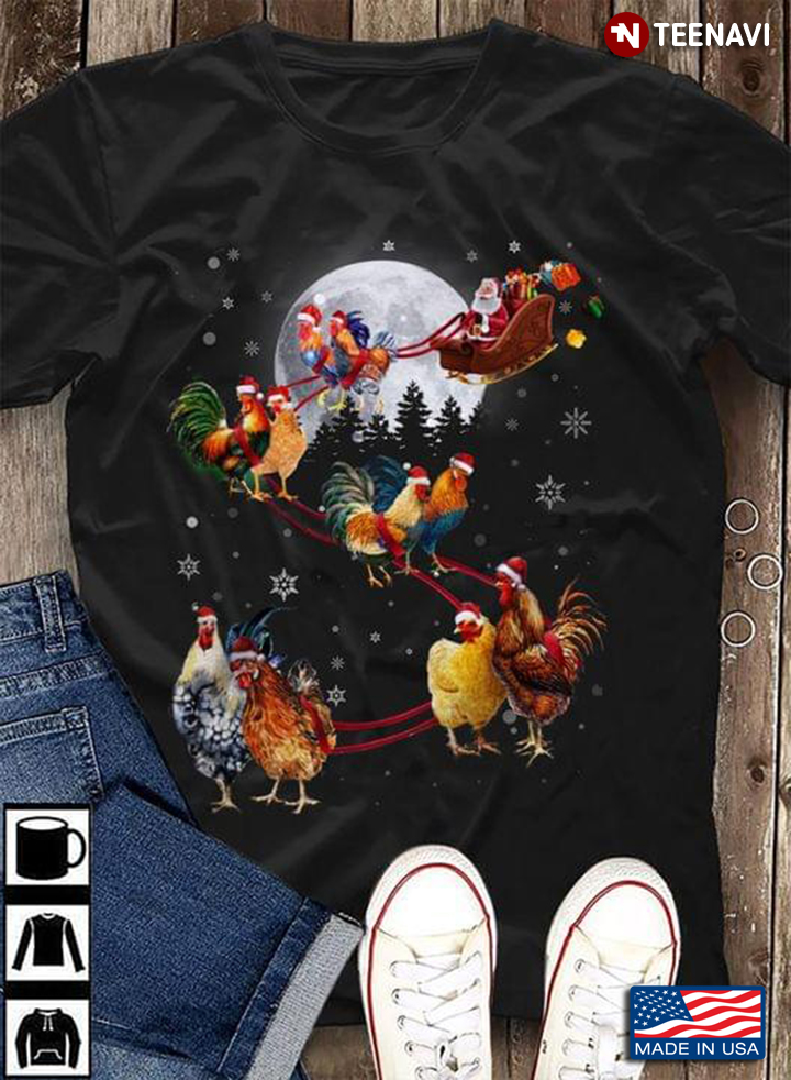 Five Chicken Couples And Santa Claus With Moon Behind And Snowflakes Around Christmas