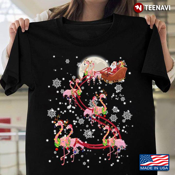 Five Flamingo Couples And Santa Claus With Moon Behind And Snowflakes Around Christmas