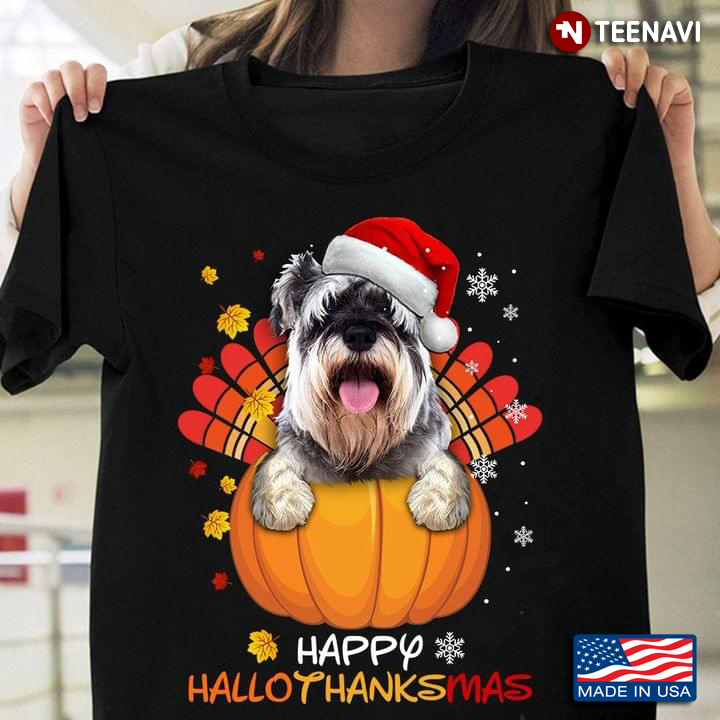 Happy HalloThanksMas Dog With Christmas Hat On Pumpkin With Autumn Leaves And Snowflakes Around