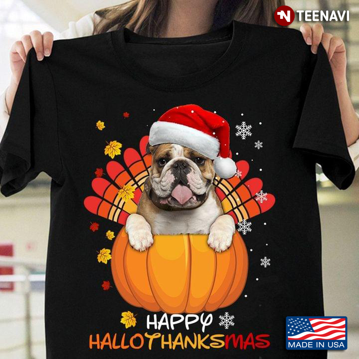 Happy HalloThanksMas Bulldog With Christmas Hat On Pumpkin With Autumn Leaves And Snowflakes Around