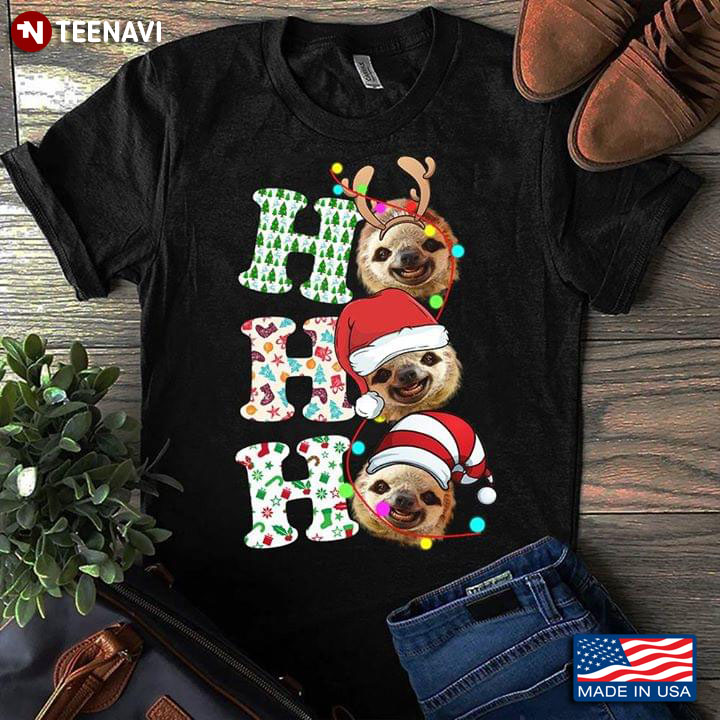 Ho Ho Ho Sloths With Christmas Hat Reindeer Horns And Fairy Lights