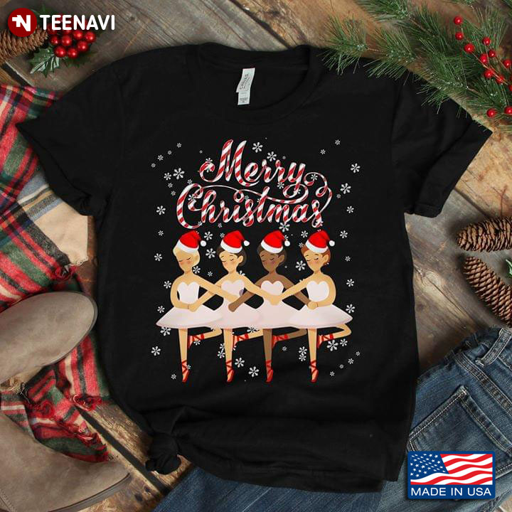 Merry Christmas Four Ballerinas With Christmas Hats And Snowflakes Around