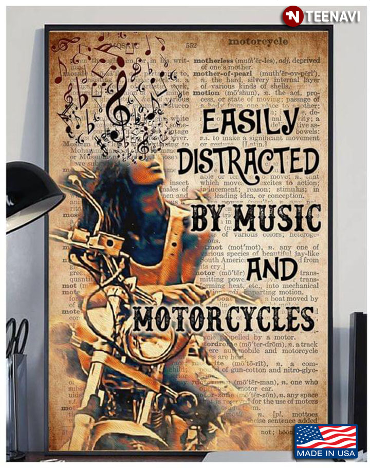 Vintage Dictionary Theme Girl With Music Tune On Her Head Easily Distracted By Music And Motorcycles