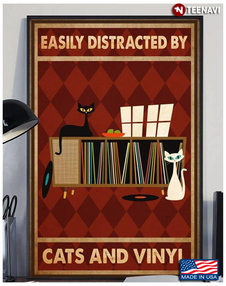 Vintage Black Cat & White Cat Easily Distracted By Cats And Vinyl