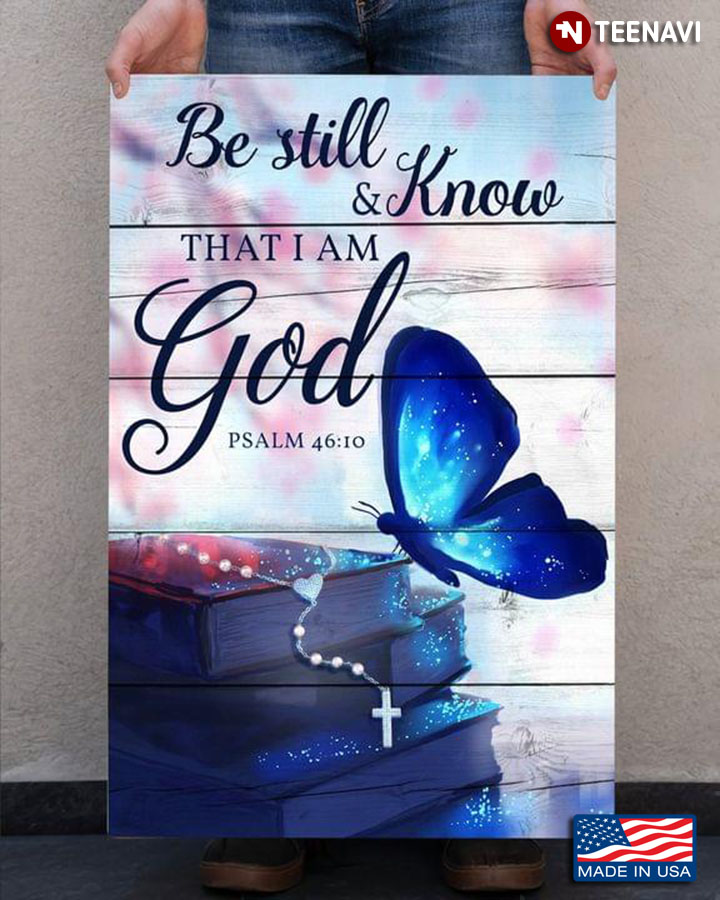Vintage Blue Butterfly & Jesus Cross Necklace Be Still & Know That I Am God Psalm 46:10