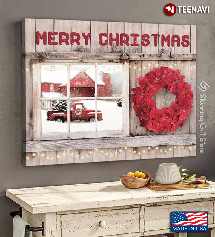 Vintage Window Frame With Red Truck Carrying Pine Tree Outside The Farm Merry Christmas