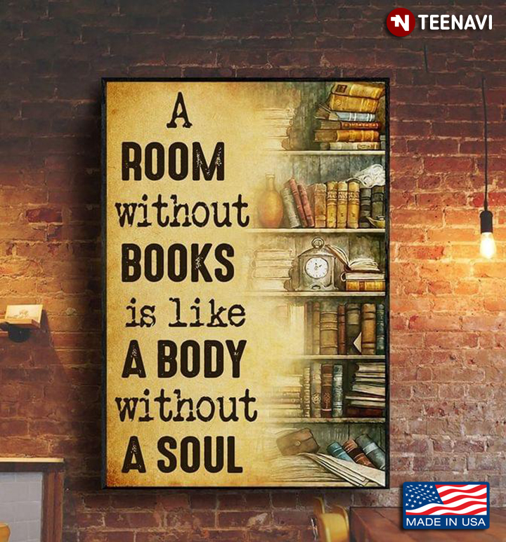 Vintage Bookshelf Marcus Tullius Cicero Quote A Room Without Books Is Like A Body Without A Soul