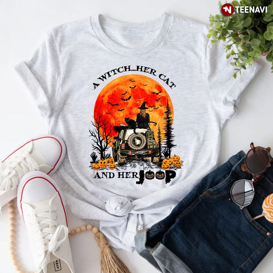 A Witch Her Cat And Her Jeep Halloween T-Shirt