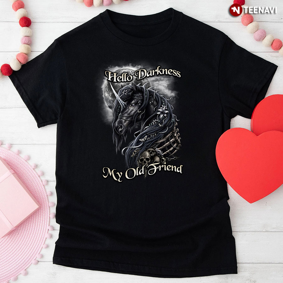 Hello Darkness My Old Friend Mystic Black Unicorn Under The Moon T-Shirt