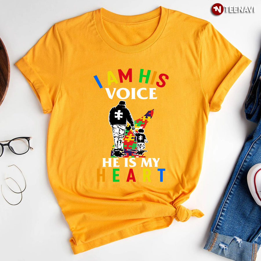 Dad With Son I Am His Voice He Is My Heart Autism Awareness T-Shirt