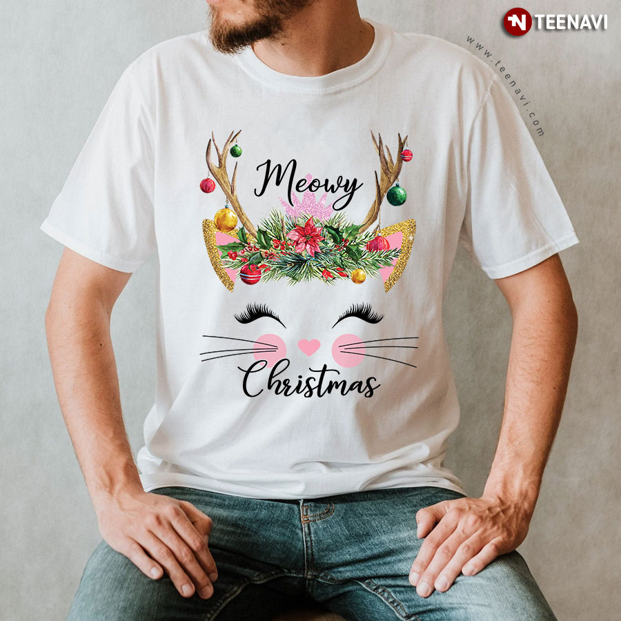 Cat Reindeer With Ornament Meowy Christmas T-Shirt