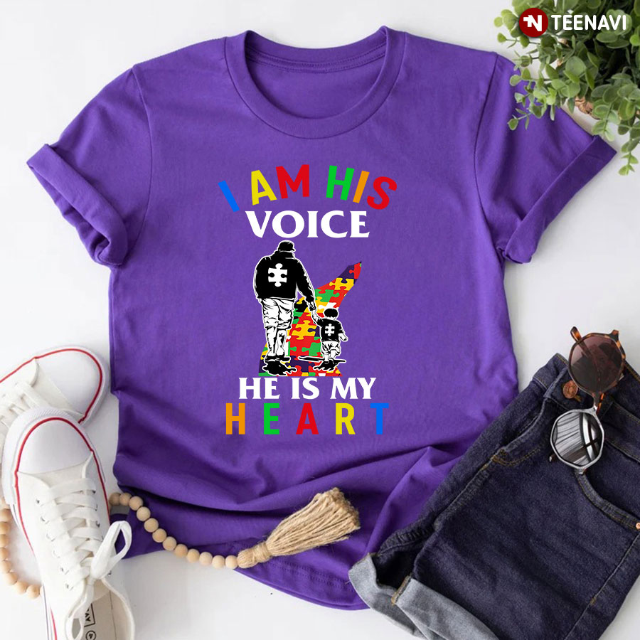 Dad With Son I Am His Voice He Is My Heart Autism Awareness T-Shirt
