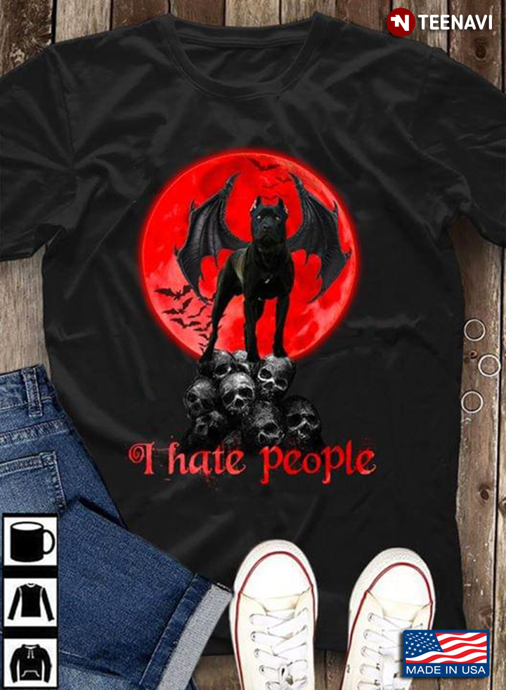 I Hate People Black Pitbull Dog With Bat Wings