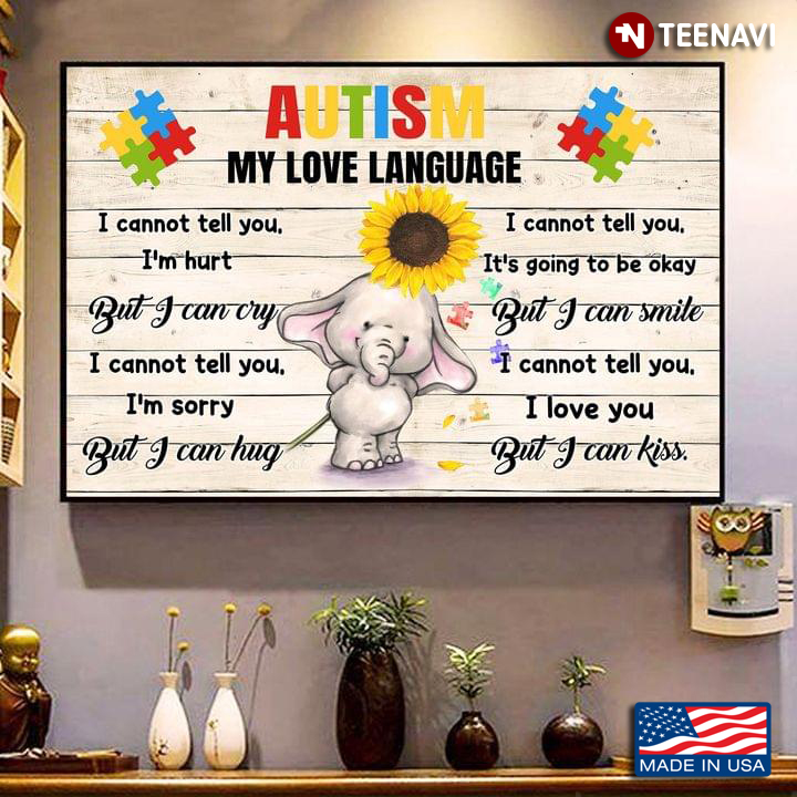 Vintage Elephant With Sunflower & Puzzle Pieces Autism My Love Language