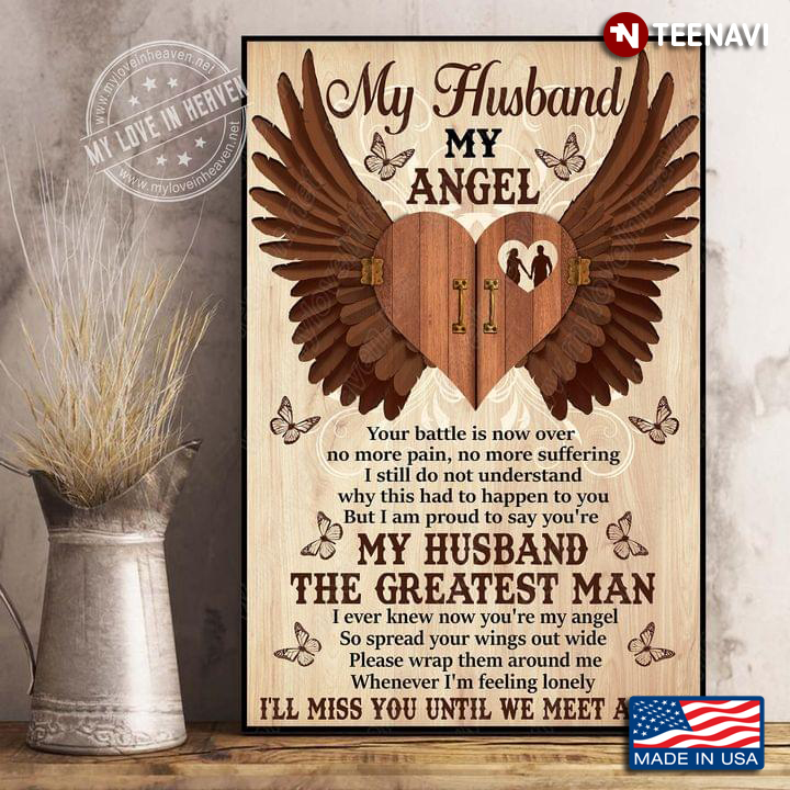 Vintage Wooden Heart With Angel Wings & Butterflies My Husband My Angel Your Battle Is Now Over