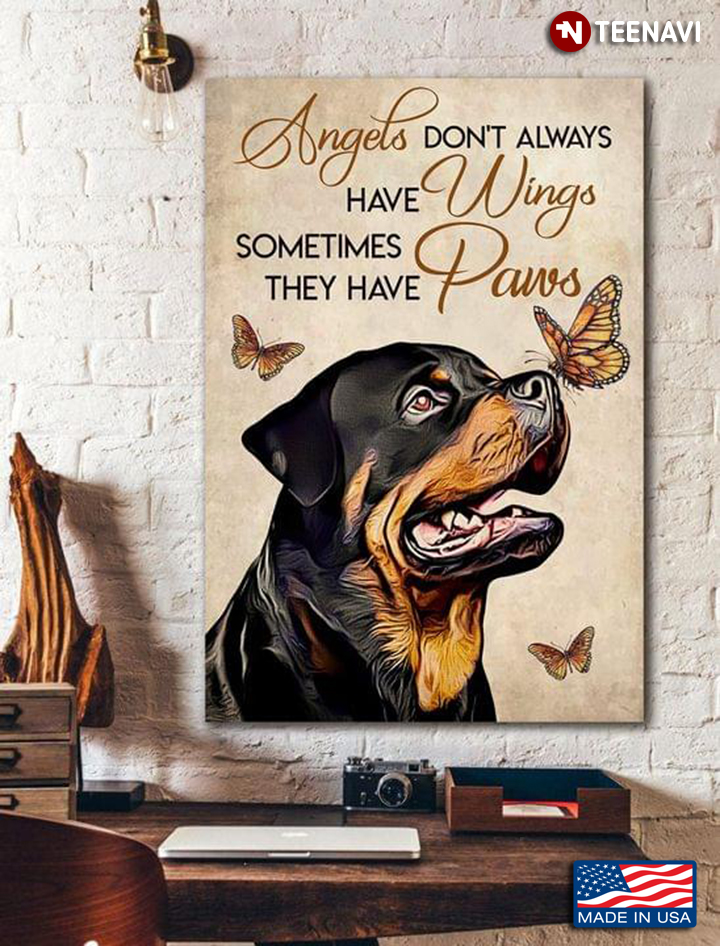 Vintage Rottweiler & Monarch Butterflies Painting Angels Don’t Always Have Wings Sometimes They Have Paws