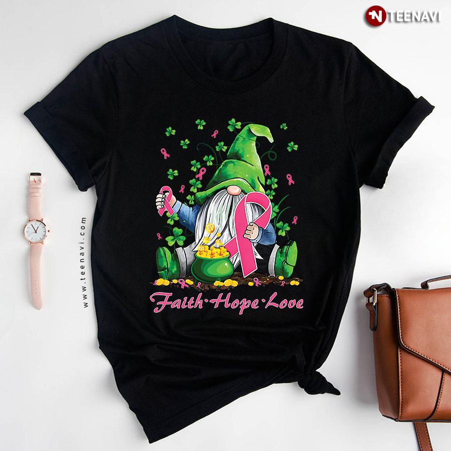 St Patricks Day Gnome Faith Hope Love Breast Cancer Awareness T-Shirt