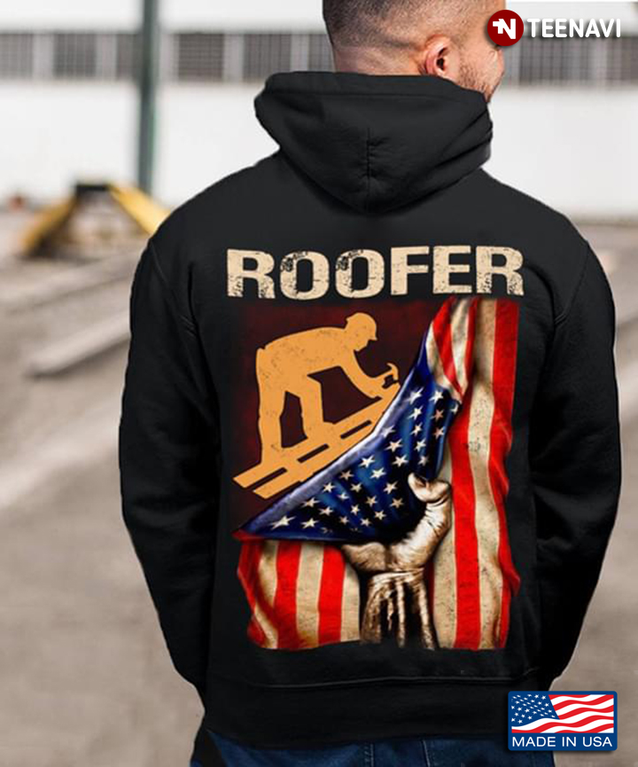 Roofer Behind American Flag