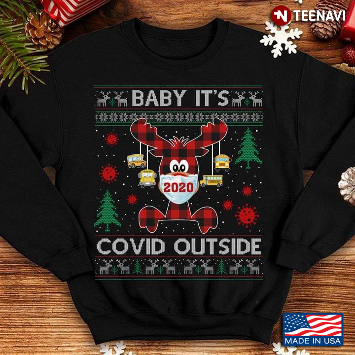 Bus Driver Baby It's Covid Outside Reindeer With Mask And School Bus Ugly Christmas