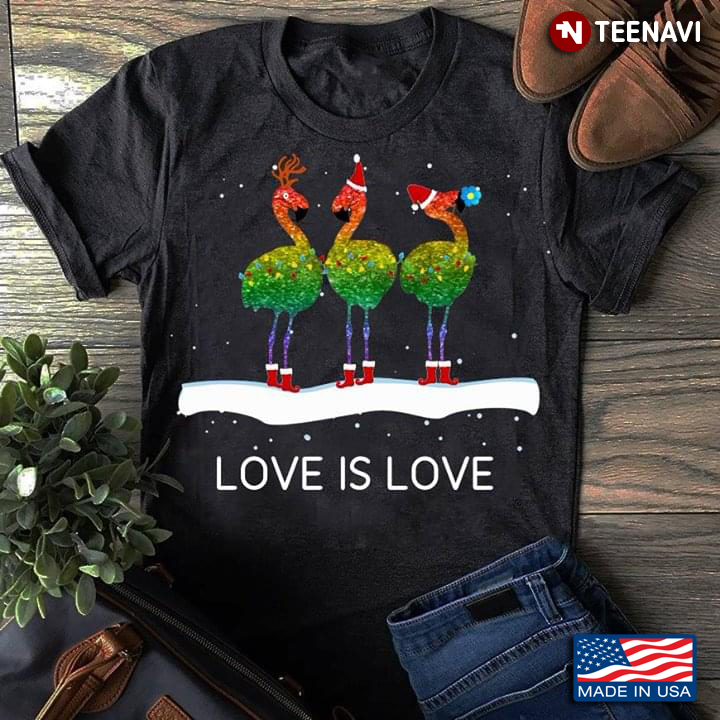Love Is Love Flamingos With Christmas Hat LGBT