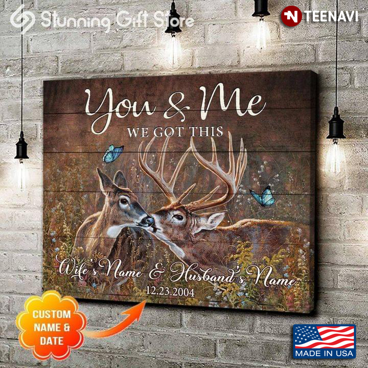 Vintage Customized Name & Date Deers Kissing & Blue Butterflies You & Me We Got This