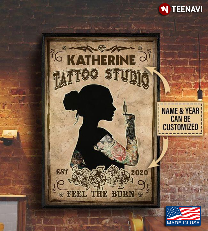 Vintage Customized Name & Year Floral Female Tattoo Artist Tattoo Studio Feel The Burn