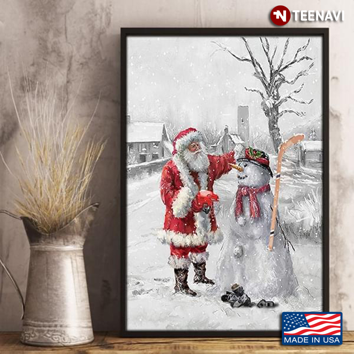 Christmas Santa Claus And Snowman With Hockey Set