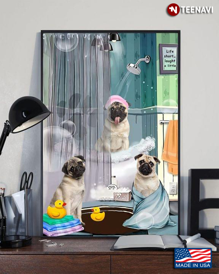 Cute Pug Puppies In The Bathroom With Ducks