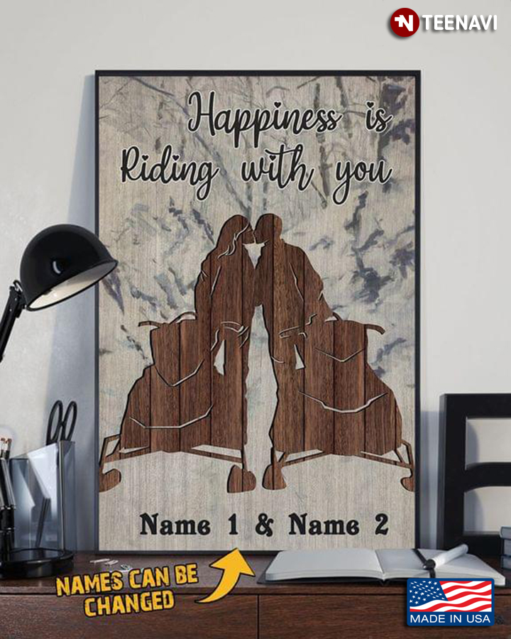 Vintage Customized Name Snowmobiling Couple Kissing Happiness Is Riding With You
