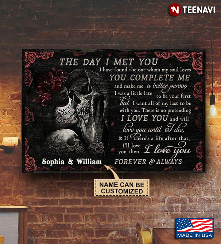 Vintage Customized Name Floral Sugar Skull Girl Kissing Her Lover The Day I Met You