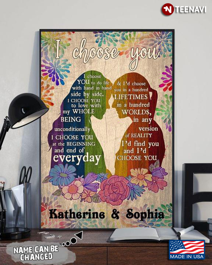 Colourful Flowers Customized Name LGBT Lesbian Couple I Choose You To Do Life With Hand In Hand Side By Side