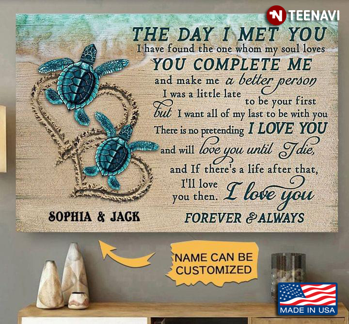 Vintage Customized Name Sea Turtles With Drawing Hearts On Sand The Day I Met You