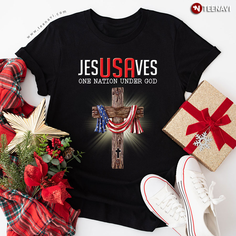 Jesus Saves One Nation Under God Cross American Flag T-Shirt
