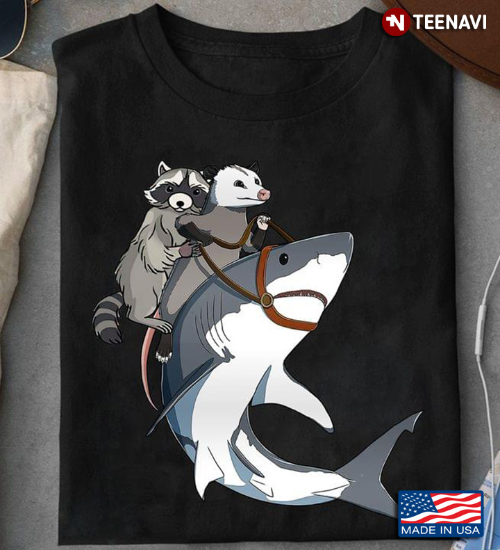 Racoon And Opossum Riding Shark